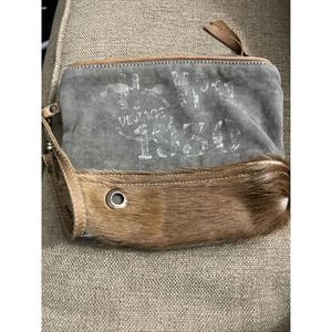 Myra Bags Brown Leather/Hairon 9.5"x6" wristlet Pouch Bag Clutch